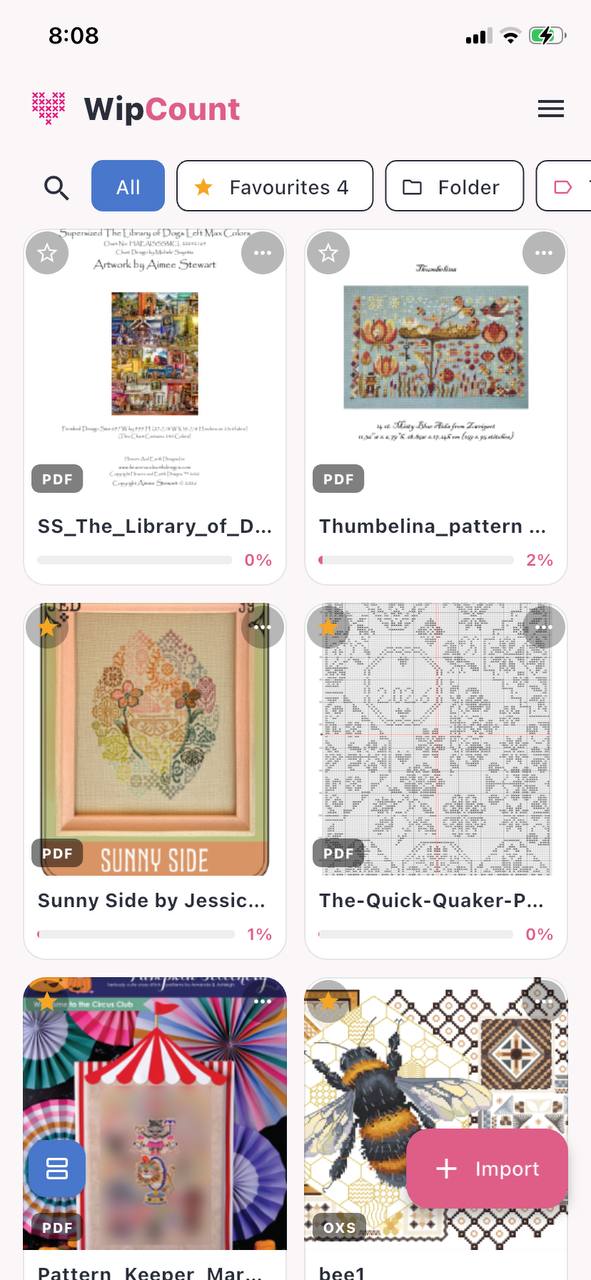 The WipCount project list on an iPhone, showing imported patterns with their completion percentages.